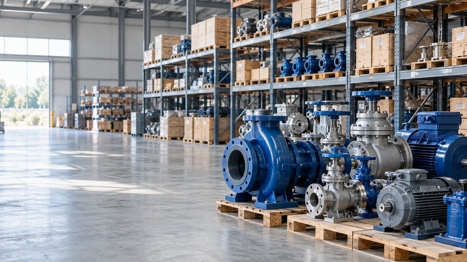 Industrial pumps, valves and electric motors arranged in a supply warehouse