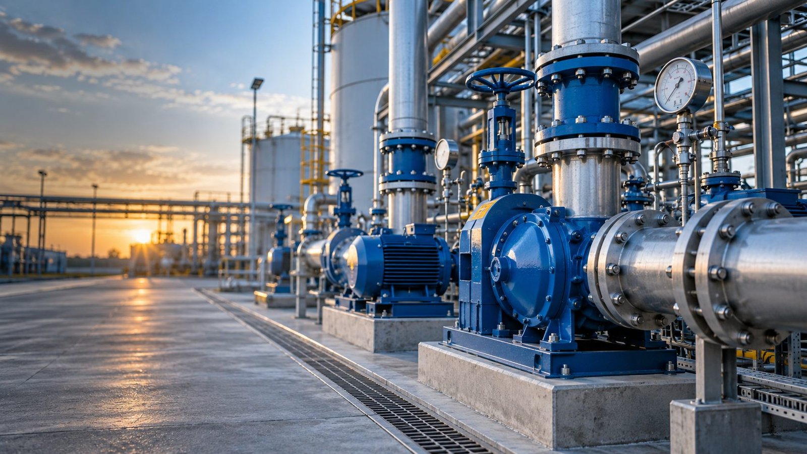 Blue industrial pumps, flanged valves and pressure gauges at a processing facility